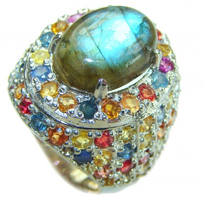 Magic Night Natural Labradorite Sapphire .925 Sterling Silver handcrafted Large ring size 7