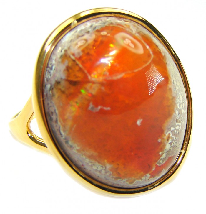 Natural Mexican Fire Opal 14K Gold over .925 Sterling Silver handmade ring size 8 3/4