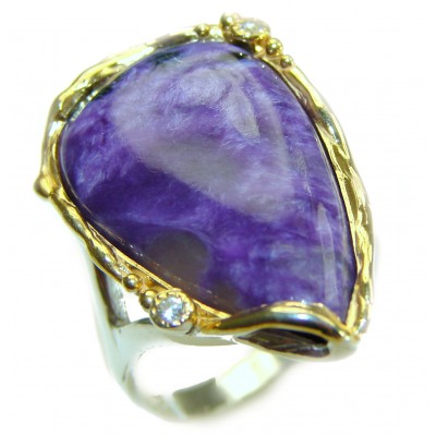 Natural Siberian Charoite 2 tones .925 Sterling Silver handcrafted ring size 8