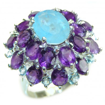 Precious Flower 28.5 carat AQUAMARINE .925 Sterling Silver Handcrafted Large Ring size 7 3/4