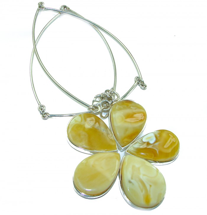 Dazzling Large Flower Natural Baltic Butterscotch Amber .925 Sterling Silver handcrafted necklace