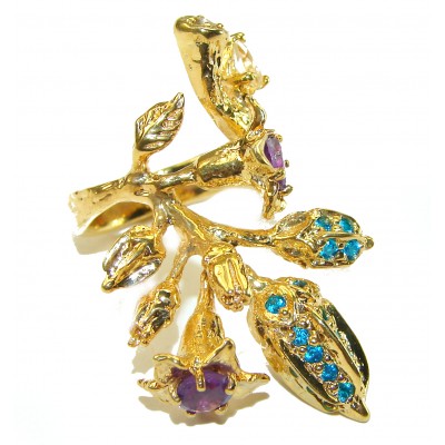Exotic Flowers Amethyst 14K Gold over .925 Sterling Silver handcrafted Statement Ring size 6 3/4
