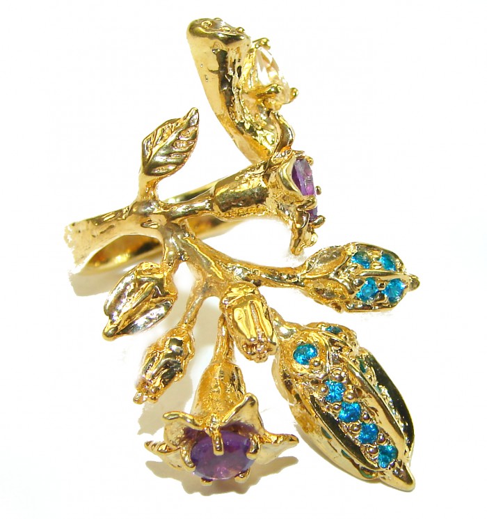 Exotic Flowers Amethyst 14K Gold over .925 Sterling Silver handcrafted Statement Ring size 6 3/4