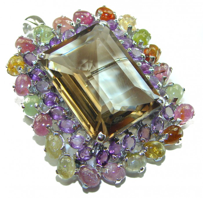 Luxurious 54.5 carat baguette cut Smoky Topaz Tourmaline .925 Sterling Silver handmade Pendant Brooch