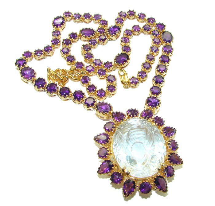 Outstanding carved 44.5 carat White Topaz 14K Gold over .925 Sterling Silver handcrafted Statement necklace