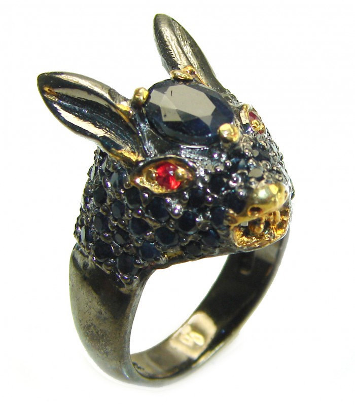 Chunky Rabbit Authentic Sapphire black rhodium over .925 Sterling Silver handmade Ring s. 8 3/4