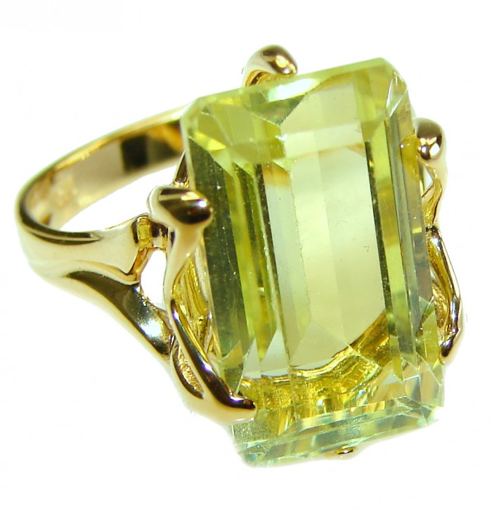 12.8 carat Genuine Lemon Quartz 14K Gold over .925 Sterling Silver handcrafted ring size 7