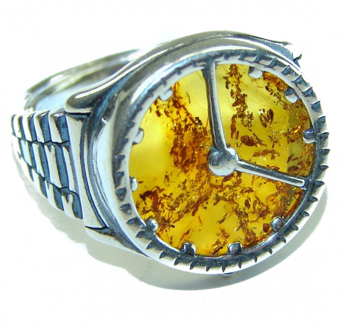It's 4 O'Clock Somewhere Watch Authentic Baltic Amber .925 Sterling Silver handcrafted ring; s. 7 adjustable