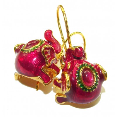 Very Unique Elephants Ruby Enamel 18K Gold over .925 Sterling Silver handcrafted earrings