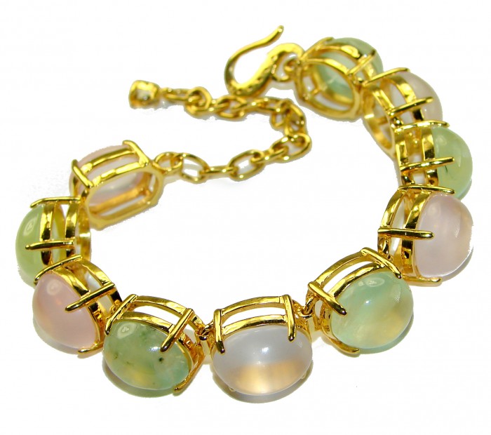 Tutti Frutti Mesmerizing Rose Quartz Prehnite 18K Gold over .925 Sterling Silver handmade Bracelet