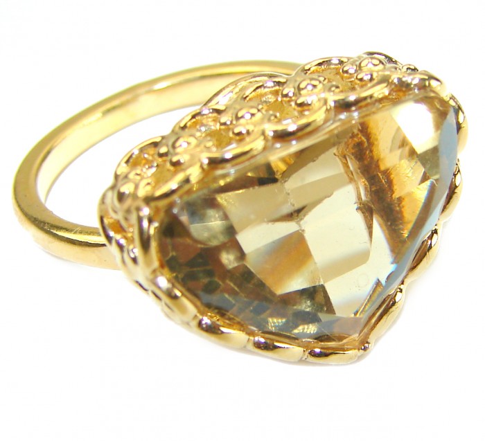 17.8 carat Genuine Lemon Quartz 14K Gold over .925 Sterling Silver handcrafted ring size 9 3/4
