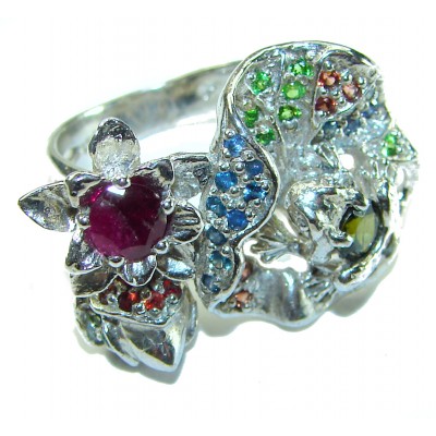 Floral-inspired authentic Ruby .925 Silver handcrafted Cocktail Ring s. 8