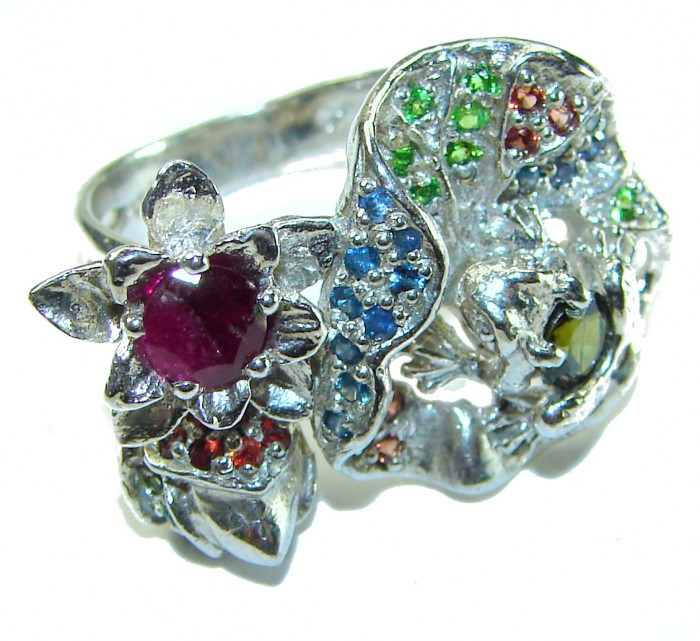 Floral-inspired authentic Ruby .925 Silver handcrafted Cocktail Ring s. 8