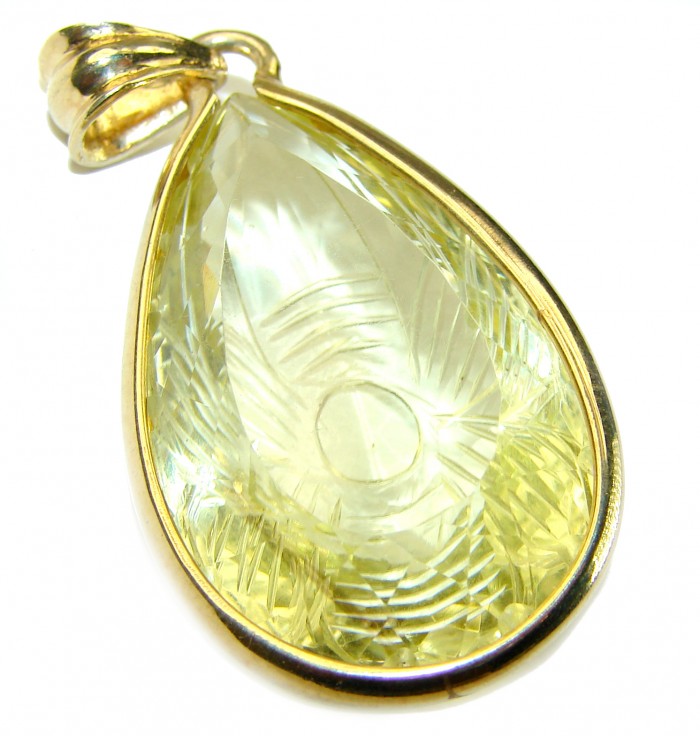 Authentic Carved Golden Lemon Quartz 14K Gold over .925 Sterling Silver handmade Pendant