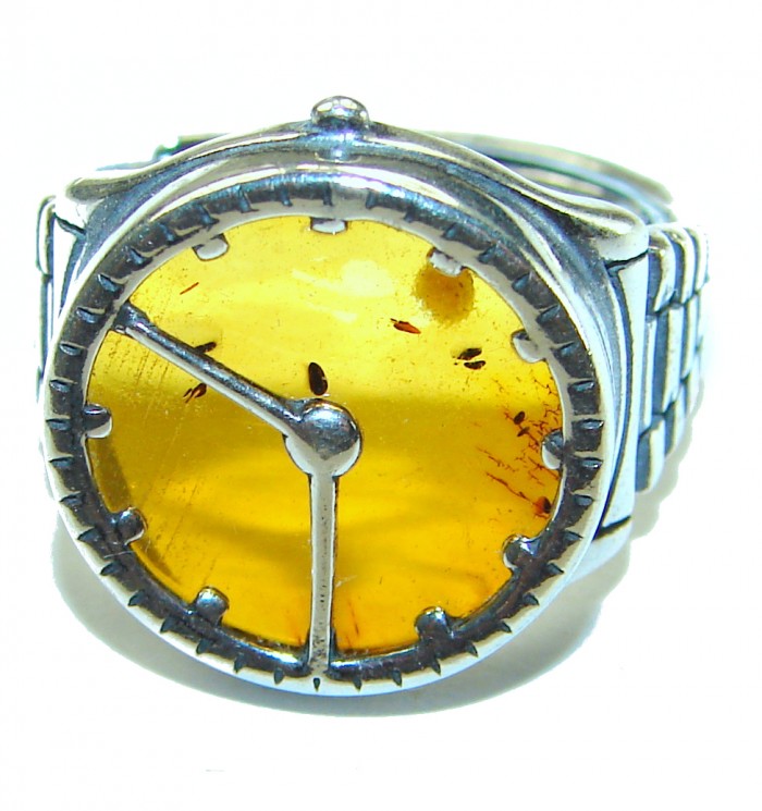 It's 4 O'Clock Somewhere Watch Authentic Baltic Amber .925 Sterling Silver handcrafted ring; s. 7 adjustable