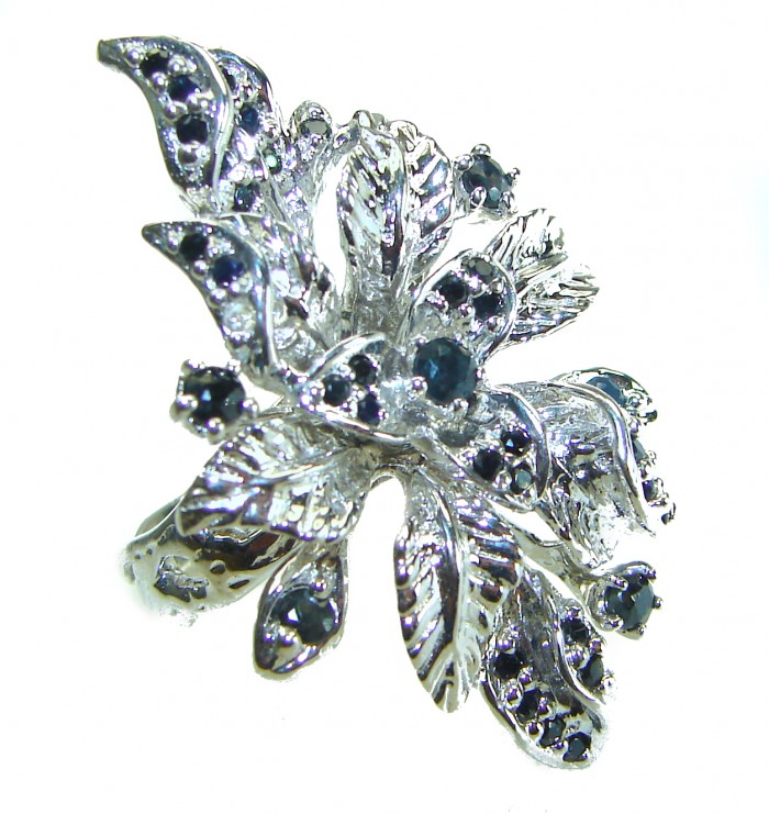 Floral design authentic Sapphire .925 Silver handcrafted Statement Ring s. 7 3/4