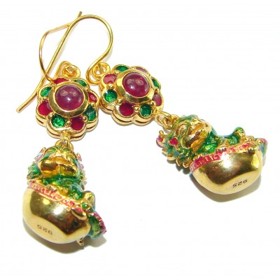 Green Lizards Authentic Ruby Enamel 18K Gold over .925 Sterling Silver handcrafted earrings