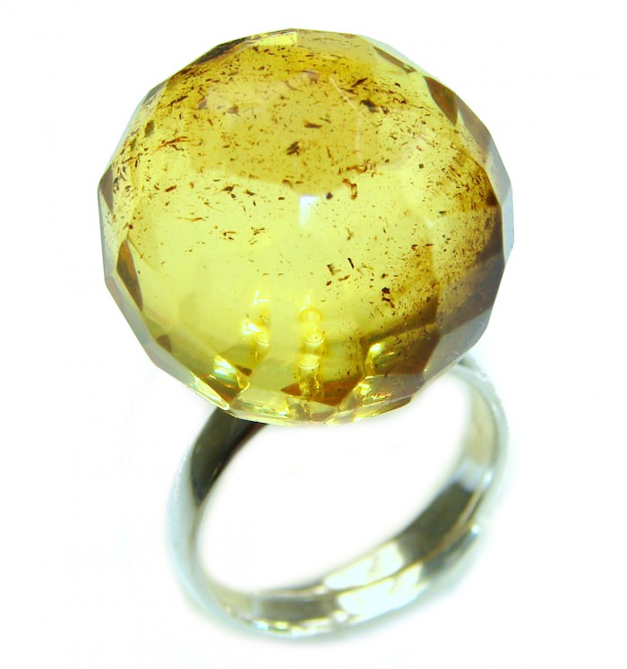 Modern Concept Golden Sphere - Natural faceted Baltic Amber .925 Sterling Silver ring s. 8 adjustable