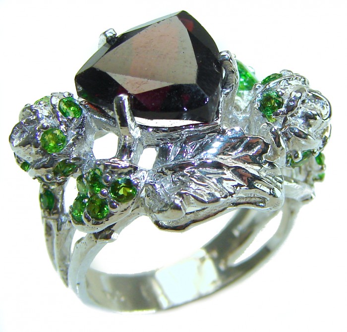 Floral Design Authentic Garnet .925 Sterling Silver handcrafted Ring size 9 1/2