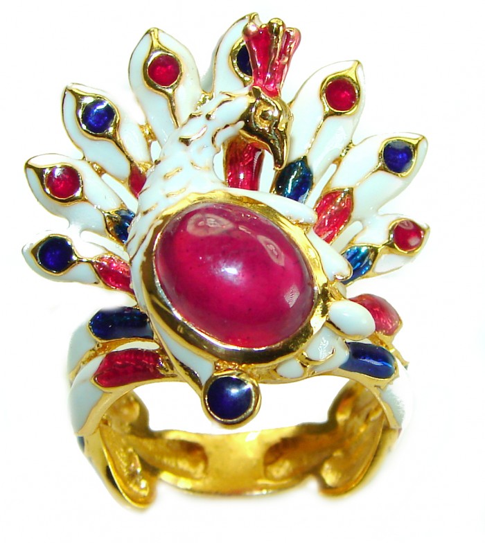 Graceful Peacock Enamel Ruby 18K Gold over .925 Sterling Silver Huge handcrafted Ring s. 7 3/4