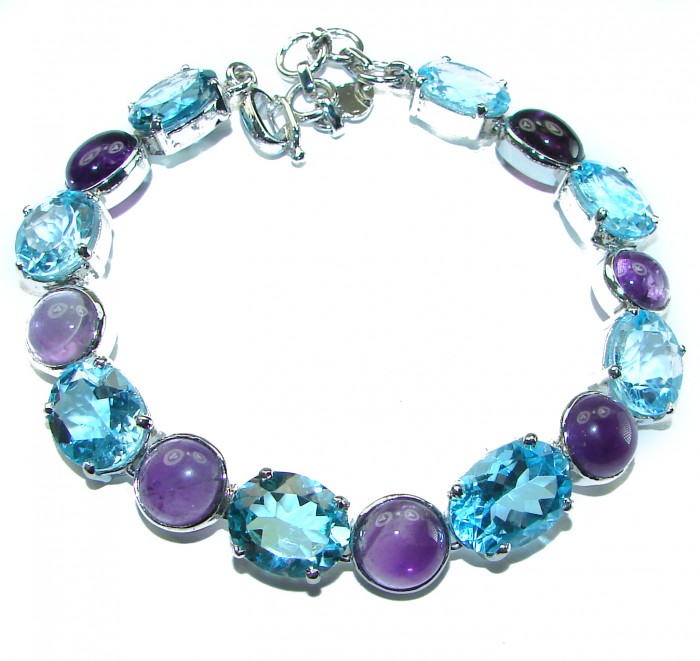 Allure Natural Amethyst Swiss Blue Topaz .925 Sterling Silver handcrafted Statement Bracelet