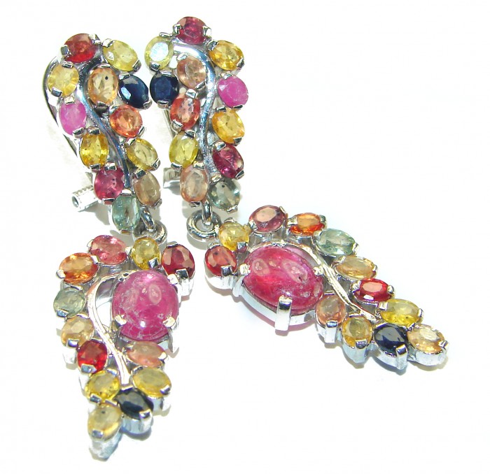Authentic Ruby multicolor Sapphire .925 Sterling Silver handcrafted Statement earrings
