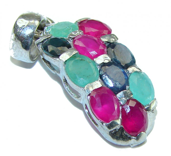 Precious Genuine Ruby Emerald Sapphire .925 Sterling Silver handmade Pendant