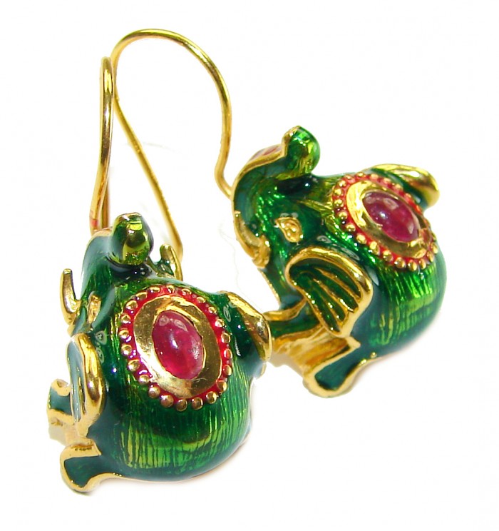 Very Unique Elephants Ruby Enamel 18K Gold over .925 Sterling Silver handcrafted earrings