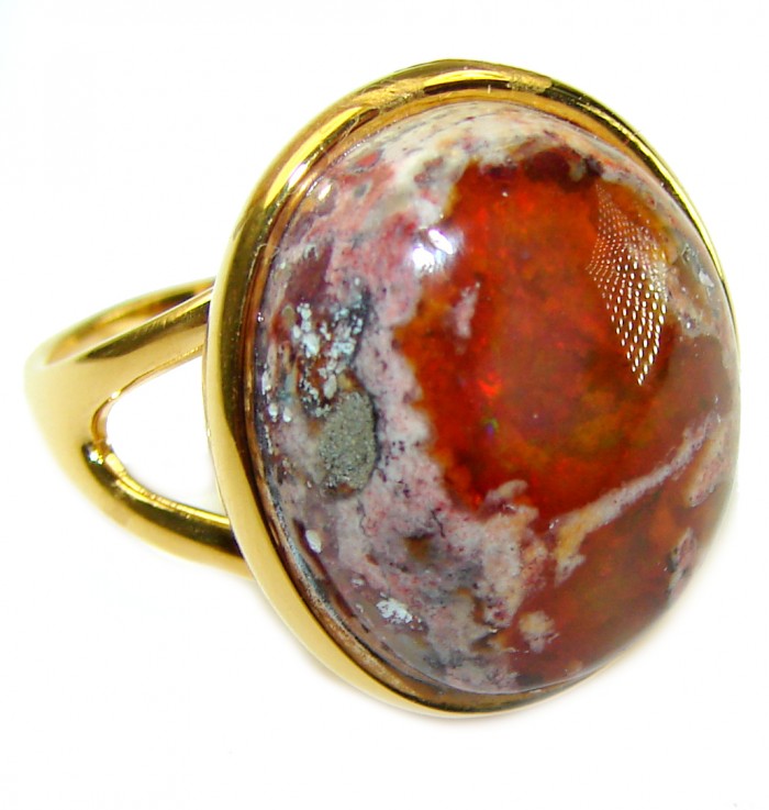 Bonfire Night best quality Mexican Opal 18K Gold over .925 Sterling Silver handmade ring 7
