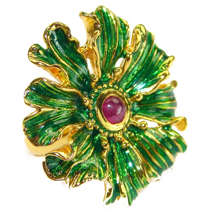 Green Royalty authentic Ruby Enamel 18K Gold over .925 Sterling Silver handcrafted Ring s. 7