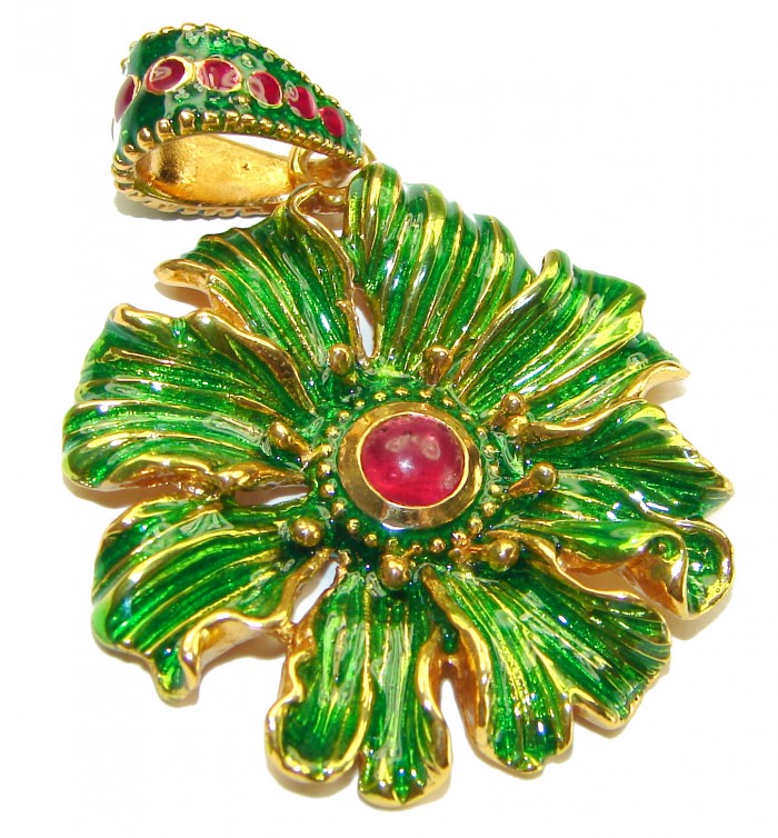 INCREDIBLE Natural Ruby Enamel Snake 18K Gold over .925 Sterling Silver Pendant