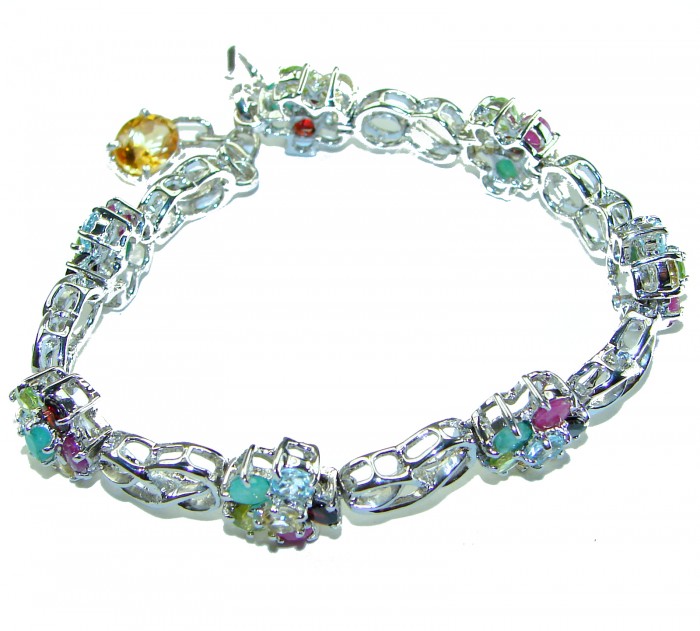 Luxurious Floral design Authentic Ruby Emerald .925 Sterling Silver handcrafted Statement Bracelet
