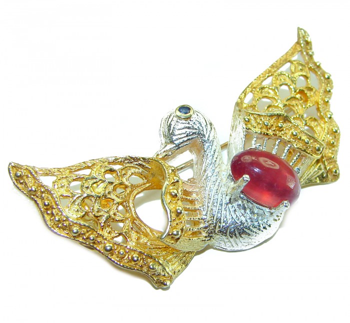 Perfect Swan Ruby 14K Gold over .925 Sterling Silver handmade Pendant Brooch