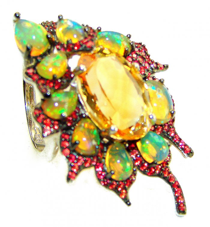 Sublime 7.8 carat Genuine Citrine 11.2 carat Ethiopian Opal .925 Sterling Silver handcrafted ring size 7 1/4 - video
