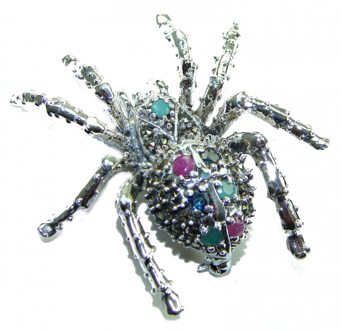 Large Black Widow Spider genuine Ruby .925 Sterling Silver handmade Pendant - Brooch - video