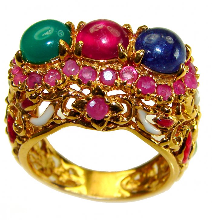 Magnificent 10.9 carat Natural Ruby Emerald Sapphire Enemel 18K Gold over . 925 Sterling Silver handcrafted Statement Ring size 6 - video