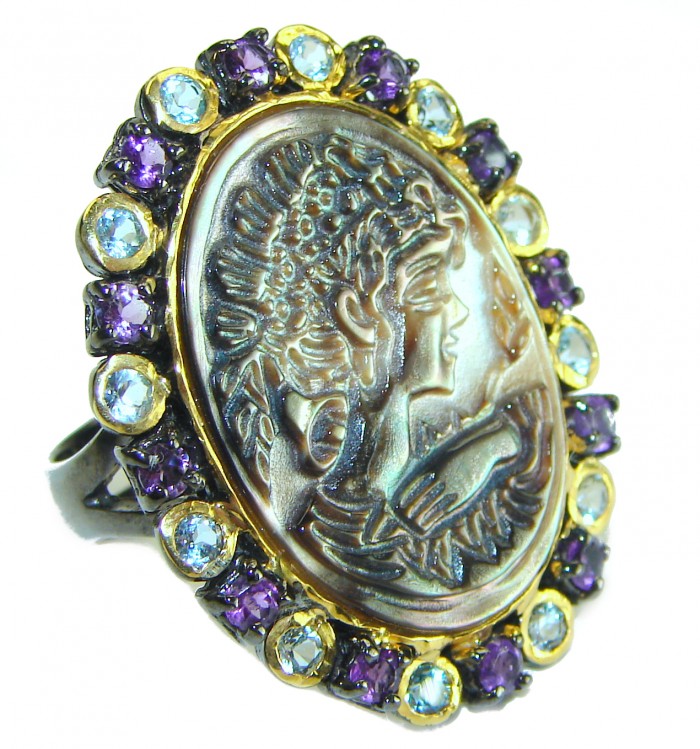 Vintage design Genuine Cameo Rainbow Abalone black rhodium over .925 Sterling Silver handcrafted Large ring; s. 8 1/2