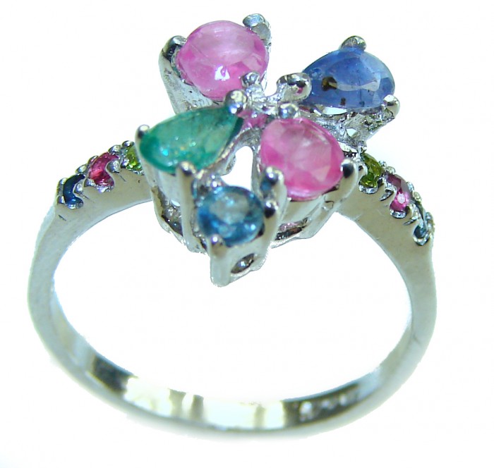 Authentic 4.3 carat Ruby Emerald Sapphire .925 Sterling Silver handmade Cocktail Ring s. 5 1/4
