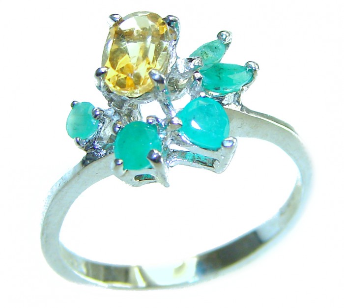 Authentic 1.8 carat Citrine Emerald .925 Sterling Silver handmade Cocktail Ring s. 8 1/4