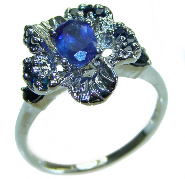 Blue Rose Authentic 2.2 carat Sapphire .925 Sterling Silver handmade Cocktail Ring s. 8 1/4