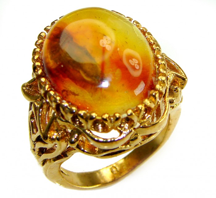 King of the Sea Golden Authentic Baltic Amber 14K Gold over .925 Sterling Silver handcrafted ring; s. 8 1/4