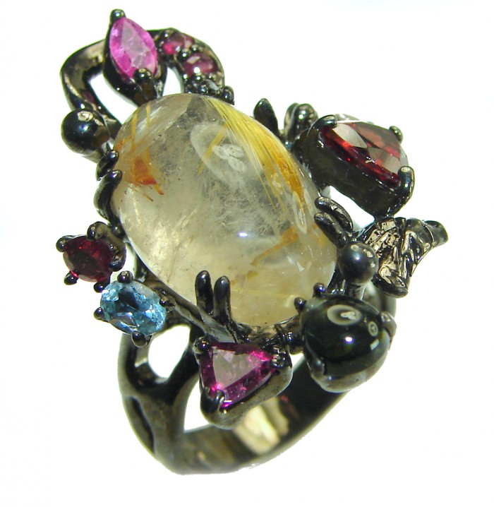 Pure Magic Best quality 9.5 carat Golden Rutilated Quartz black rhodium over .925 Sterling Silver handcrafted Ring Size 7