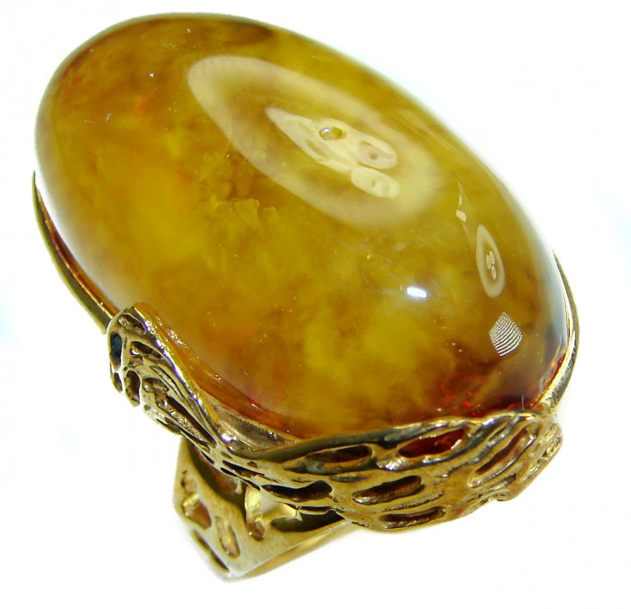 Giant natural butterscotch Baltic Amber14K Goald over .925 Sterling Silver handcrafted ring; s. 7 adjustable