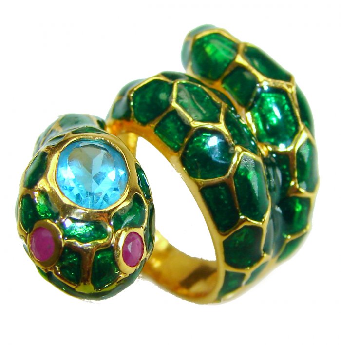 Green Snake Ruby Enamel 18K Gold over .925 Sterling Silver Huge handcrafted Ring s. 5 3/4 - video
