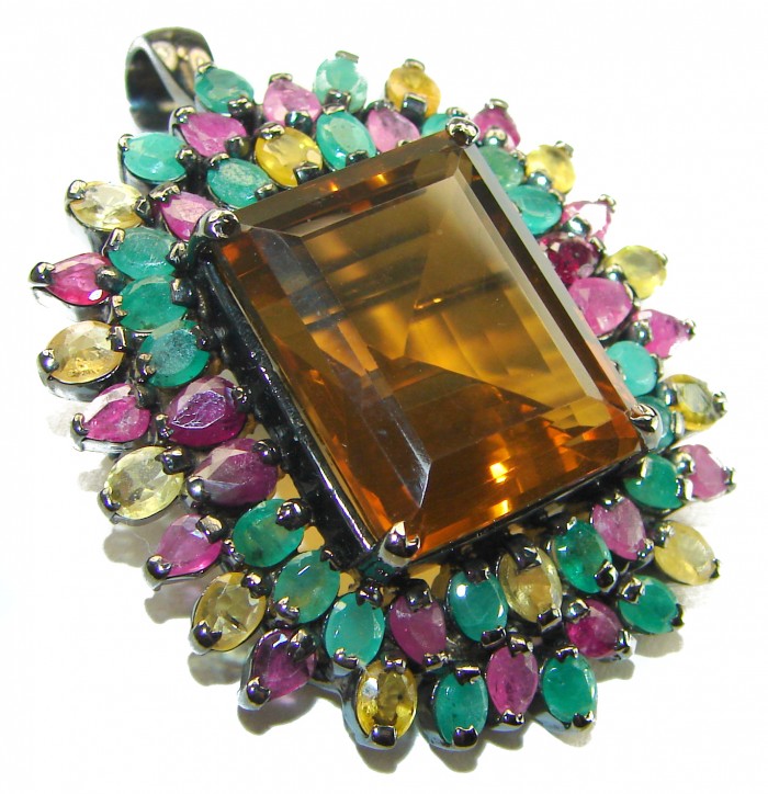 Luxurious 48.5 carat Fancy Smoky Topaz Multicolored Sapphire black rhodium over .925 Sterling Silver handmade Large Pendant - Brooch
