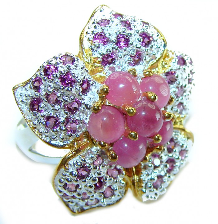 Magnificent Flower 9.7 carat Natural Ruby 2 tones . 925 Sterling Silver handcrafted Statement Ring size 7