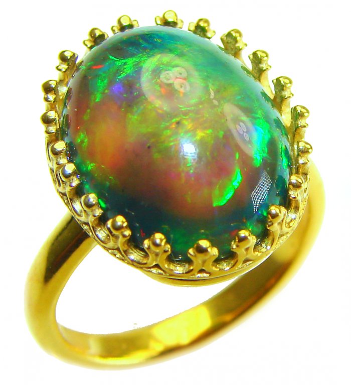 A COSMIC POWER Genuine 12.2 carat Black Opal 18K Gold over .925 Sterling Silver handmade Ring size 8 - video