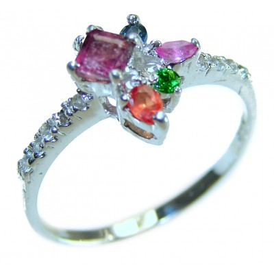 Authentic 2.3 carat Ruby Emerald Sapphire .925 Sterling Silver handmade Cocktail Ring s. 9