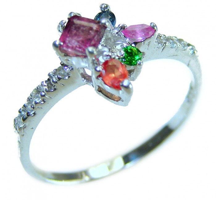 Authentic 2.3 carat Ruby Emerald Sapphire .925 Sterling Silver handmade Cocktail Ring s. 9