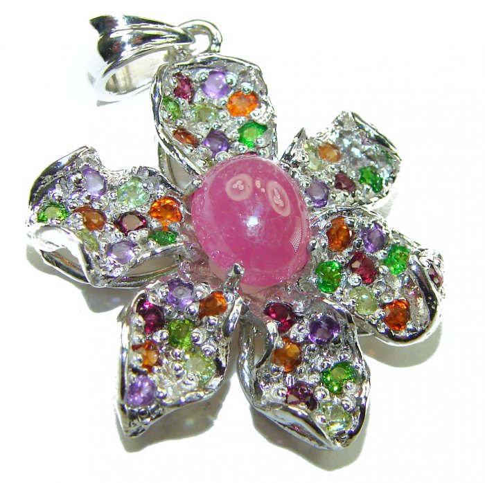 Unique Floral design 5.2 carat Ruby Tourmaline .925 Sterling Silver handmade Pendant - video